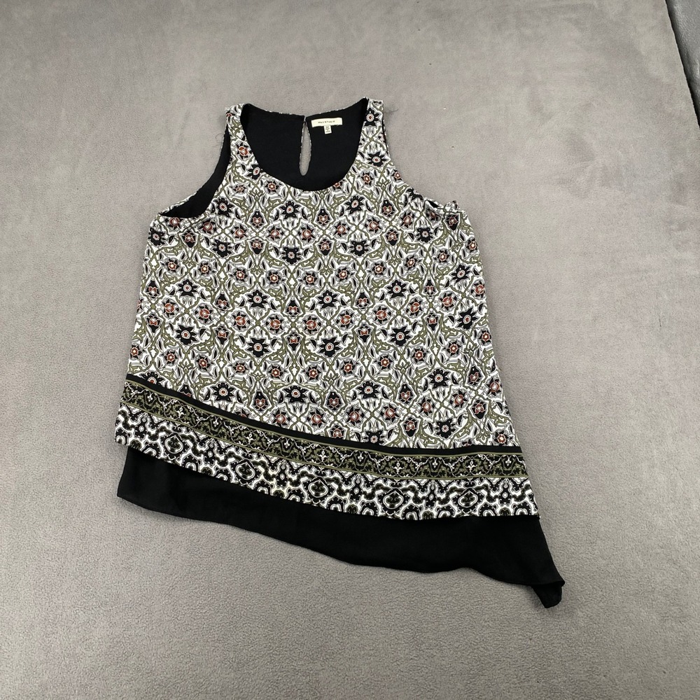 Max Studio Womens Medium Black Olive Floral Asymmetrical Layered Sleeveless Top
